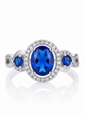 Blue Sapphire Oval Halo Gemstone ring, 925 Sterling Silver